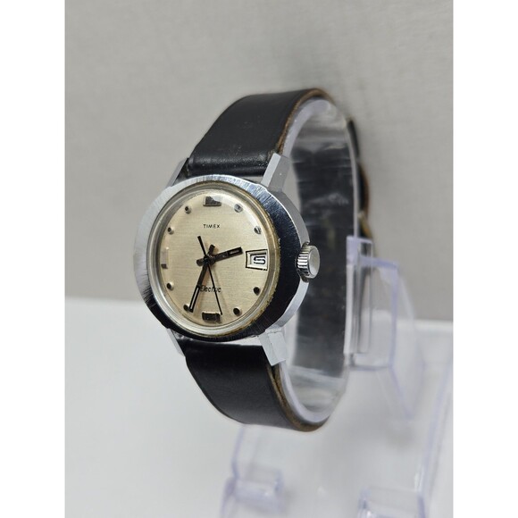 1972 Timex Ladies Electric Calendar Chrome Plated Vintage Date Watch Black Strap main image 4